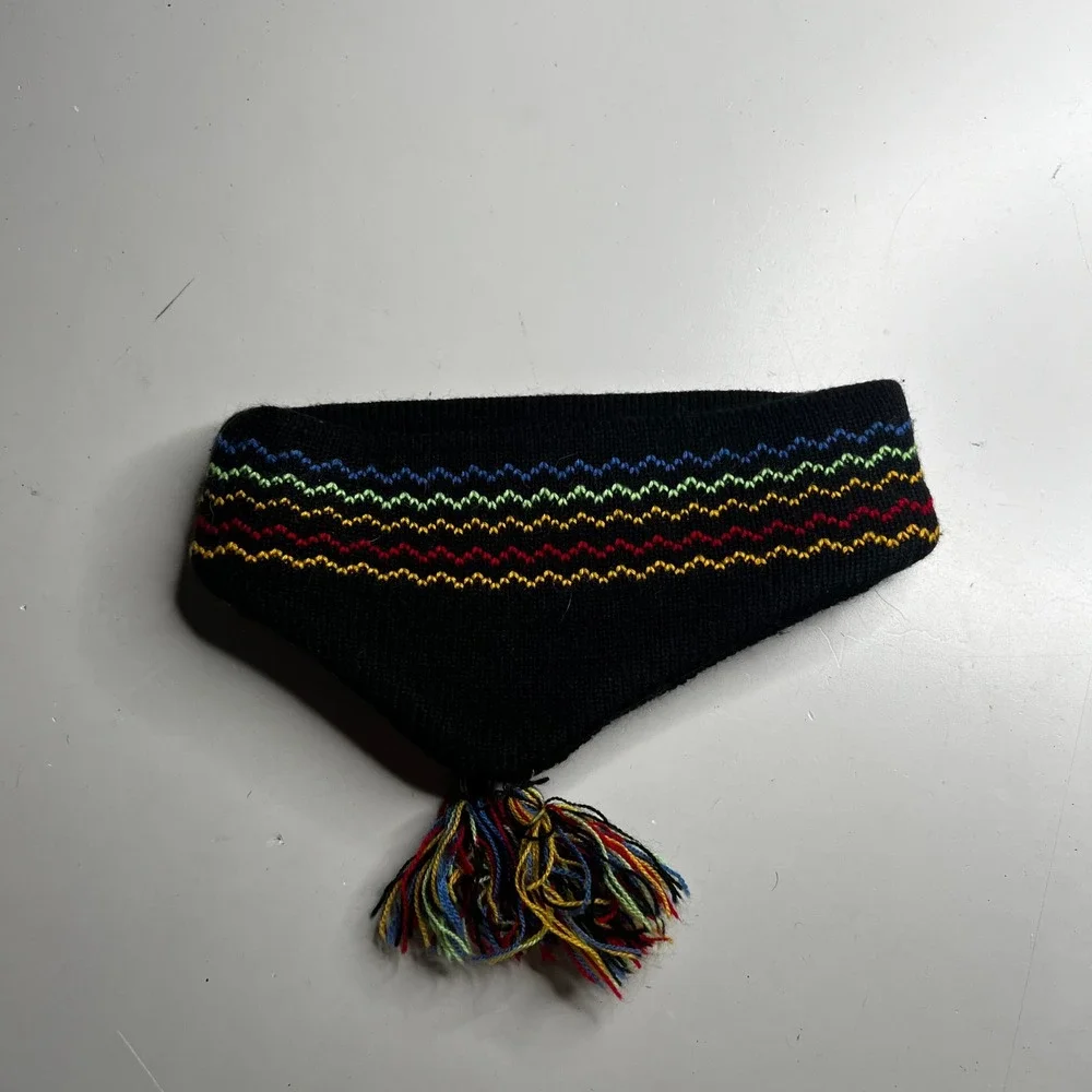 Vintage Black Knit Floral Ear Warmer Headband with Tassels Girls Size 7-14